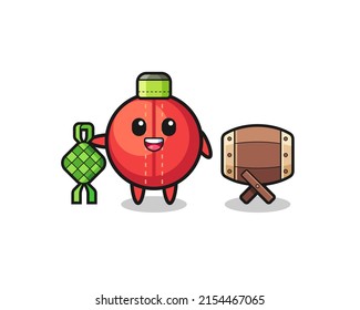 cricket ball muslim character are celebrating Eid Al Fitr , cute design
