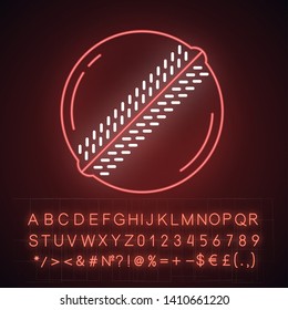 Cricket ball neon light icon.  Professional sport equipment. Ball with prominent sew. Team game accessory. Sporting gear. Glowing sign with alphabet, numbers and symbols. Vector isolated illustration
