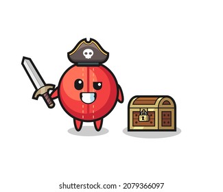 The Cricket Ball Pirate Character Holding Sword Beside A Treasure Box , Cute Style Design For T Shirt, Sticker, Logo Element