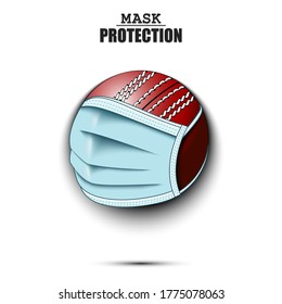 Cricket ball with a protection mask. Caution! wear protection mask. Risk disease. Cancellation of sports tournaments. Pattern design. Vector illustration