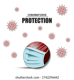 Cricket ball with a protection mask and cells coronavirus bacteriums. Stop covid-19 outbreak. Caution risk disease 2019-nCoV. Cancellation of sports tournaments. Pattern design. Vector illustration