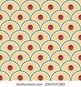 Cricket ball scallop seamless pattern. Sport arch repeat background. Vector hand drawn flat illustration.