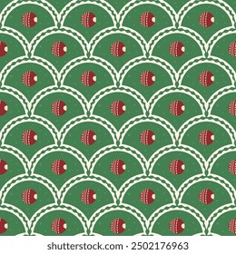 Cricket ball scallop seamless pattern. Sport ball arch repeat background. Cricket equipment retro endless design. Vector hand drawn flat illustration.