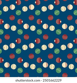 Cricket ball seamless pattern. Various round ornament endless background. Sport game equipment continuous cover. Vector hand drawn flat illustration.