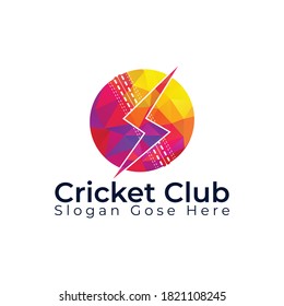 Cricket Ball Thunder Vector Logo Design.  Cricket Club Vector Logo With Lightning Bolt Design. 