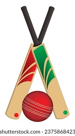 bola de cricket con dos bates de cricket cruzados aislados en un fondo blanco