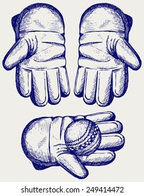 Cricket ball in a wicket keeping glove. Doodle style