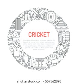 Cricket banner with line icons of ball, bat, field, wicket, helmet, apparel and other equipment. Vector circle illustration for sport championship poster.