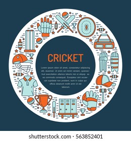 Cricket banner with line icons of ball, bat, field, wicket, helmet, apparel and other equipment. Vector circle illustration for sport championship poster