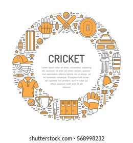 Cricket banner with line icons of ball, bat, field, wicket, helmet, apparel and other equipment. Vector circle illustration for sport championship poster.