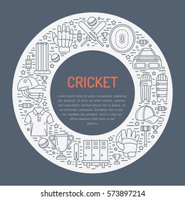 Cricket banner with line icons of ball, bat, field, wicket, helmet, apparel and other equipment. Vector circle illustration for sport championship poster
