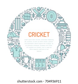 Cricket banner with line icons of ball, bat, field, wicket, helmet, apparel and other equipment. Vector circle illustration for sport championship poster.