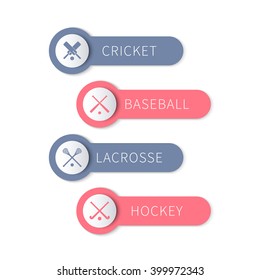 Cricket, baseball, lacrosse, field hockey, team sports labels and banners isolated on white, vector illustration