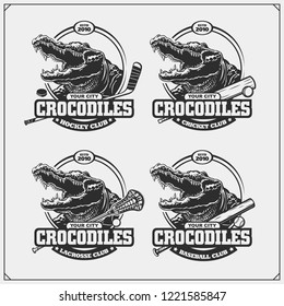 Cricket, baseball, lacrosse and hockey logos and labels. Sport club emblems with crocodile.