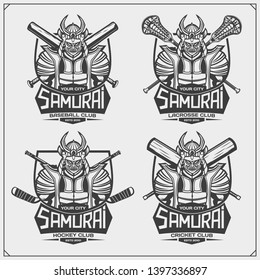 Cricket, baseball, lacrosse and hockey logos and labels. Sport club emblems with samurai. Print design for t-shirt.