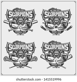 Cricket, baseball, lacrosse and hockey logos and labels. Sport club emblems with scorpion. Print design for t-shirt.