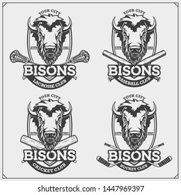 Cricket, baseball, lacrosse and hockey logos and labels. Sport club emblems with bison. Print design for t-shirts.