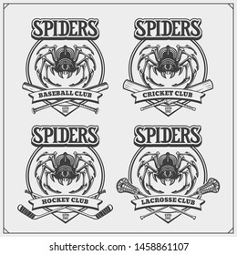 Cricket, baseball, lacrosse and hockey logos and labels. Sport club emblems with spider. Print design for t-shirt.