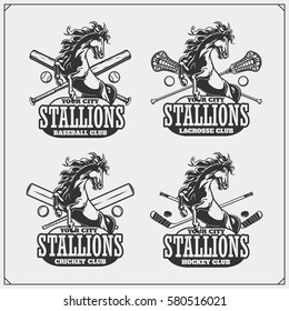 Cricket, baseball, lacrosse and hockey logos and labels. Sport club emblems with horse.