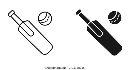  cricket bat and ball icon set in outline and silhouette style, representing sports and outdoor activity, vector illustration.