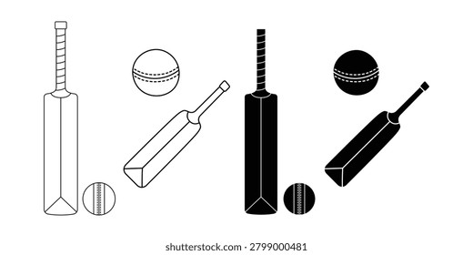 Cricket Bat and Ball Icon Set  Crossed Cricket Bats, Sports Equipment  Tournament Vector Collection Stock Vector
