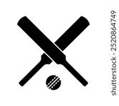 Cricket bat ball icon. Simple solid style. Crossed cricket bats with ball, accessories, wood, wicket, baseball, sport concept. Black silhouette, glyph symbol. Vector illustration isolated.