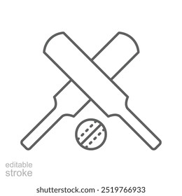 Ícone de bola de bastão de críquete. Estilo de contorno simples. Cruzou tacos de críquete com bola, acessórios, madeira, wicket, beisebol, conceito de esporte. Símbolo de linha fina. Ilustração vetorial isolada. Traçado editável.