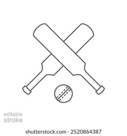 Ícone de bola de bastão de críquete. Estilo de contorno simples. Cruzou tacos de críquete com bola, acessórios, madeira, wicket, beisebol, conceito de esporte. Símbolo de linha fina. Ilustração vetorial isolada. Traçado editável.