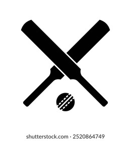 Cricket bat ball icon. Simple solid style. Crossed cricket bats with ball, accessories, wood, wicket, baseball, sport concept. Black silhouette, glyph symbol. Vector illustration isolated.