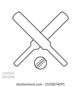 Ícone de bola de bastão de críquete. Estilo de contorno simples. Cruzou tacos de críquete com bola, acessórios, madeira, wicket, beisebol, conceito de esporte. Símbolo de linha fina. Ilustração vetorial isolada. Traçado editável.