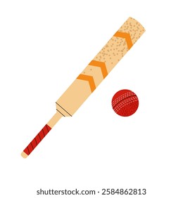 Cricket bat and ball isolated vector illustration. Sports equipment. For designs team sports and outdoor activity themes. Vector illustration. 