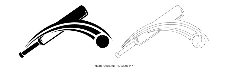 Cricket bat ball with motion trail black silhouette and outline