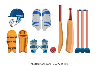 Cricket Bat Ball Pads All Instruments Vector Illustration Clip Art Bundle, Hand Drawn Cricket Gloves, Helmet With Stump Illustration Set