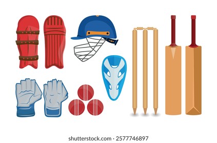 Cricket Bat Ball Pads All Instruments Vector Illustration Clip Art Bundle, Hand Drawn Cricket Gloves, Helmet With Stump Illustration Set