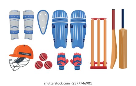 Cricket Bat Ball Pads All Instruments Vector Illustration Clip Art Bundle, Hand Drawn Cricket Gloves, Helmet With Stump Illustration Set