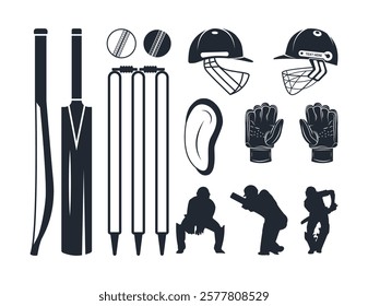 Cricket Bat ball pads all instruments vector clip art Isolated bundle, Hand drawn cricket Gloves, Helmet with stump Silhouette Set