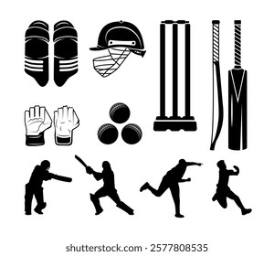 Cricket Bat ball pads all instruments vector clip art Isolated bundle, Hand drawn cricket Gloves, Helmet with stump Silhouette Set