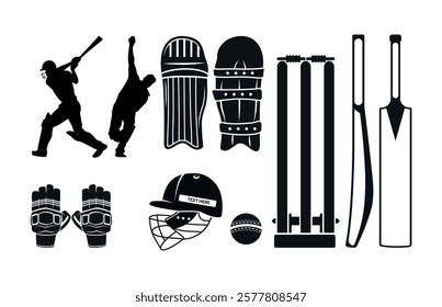 Cricket Bat ball pads all instruments vector clip art Isolated bundle, Hand drawn cricket Gloves, Helmet with stump Silhouette Set