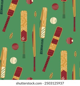 Cricket bat and ball seamless pattern. Sport endless background. Vector hand drawn flat illustration.