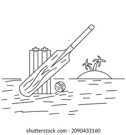 Cricket bat ball Set Vector. Cricketer Accessories. Bat, for kids coloring book black and white Illustration.