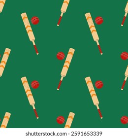 Cricket bat and ball. For sports themes, outdoor games and team activity concepts. Seamless pattern for textile, wrapping paper, background.