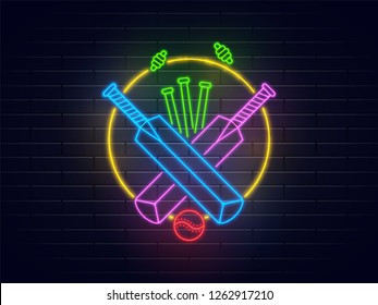 Cricket bat, ball and stumps in neon lighting effect on brick wall background.