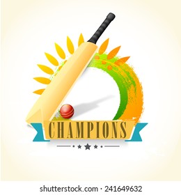 Cricket bat with ball and stylish text Champions on national flag colors and floral decorated background.