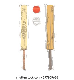 Cricket bat and ball. cricket bat vector. cricket bat isolated. Doodle style. Equipment for cricket vector illustration isolated on white background an engraving style