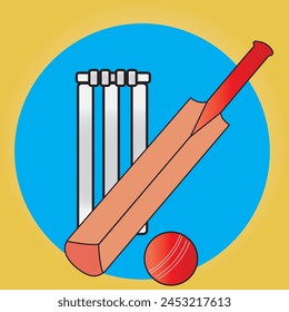 bate de cricket, bola y wicket para un juego deportivo stock, Vector, ilustración con sky blue circle y fondo