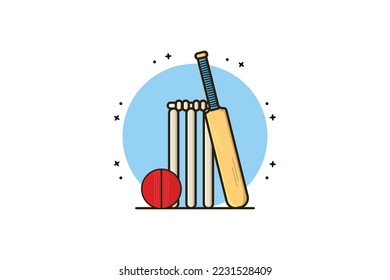 Cricket Bat, Ball and Wicket vector illustration. Sports objects icon concept. Cricket bat and ball for a sports game vector design on white background.