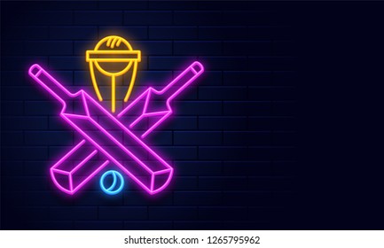 Cricket bat, ball and winning trophy illustration in neon lighting effect on brick wall background. Can be used as advertising poster design.