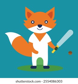cricket bat in fox cartoon hand on the field