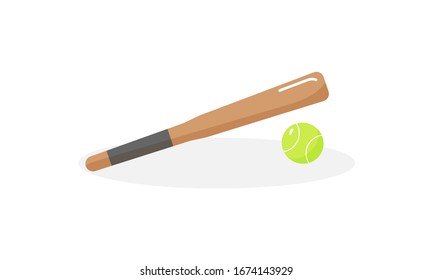 Cricket Bat And Green Cricket Ball. Sports Equipment On White Background. Equipment For Sports And Physical Activity. Set Of Flat Items. Modern Vector Illustration, EPS 10.
