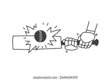 Cricket Bat in Hands. Cricketer holding sports game equipment and hitting ball. Hand drawn line art action and sport illustrations. Team Tournament.